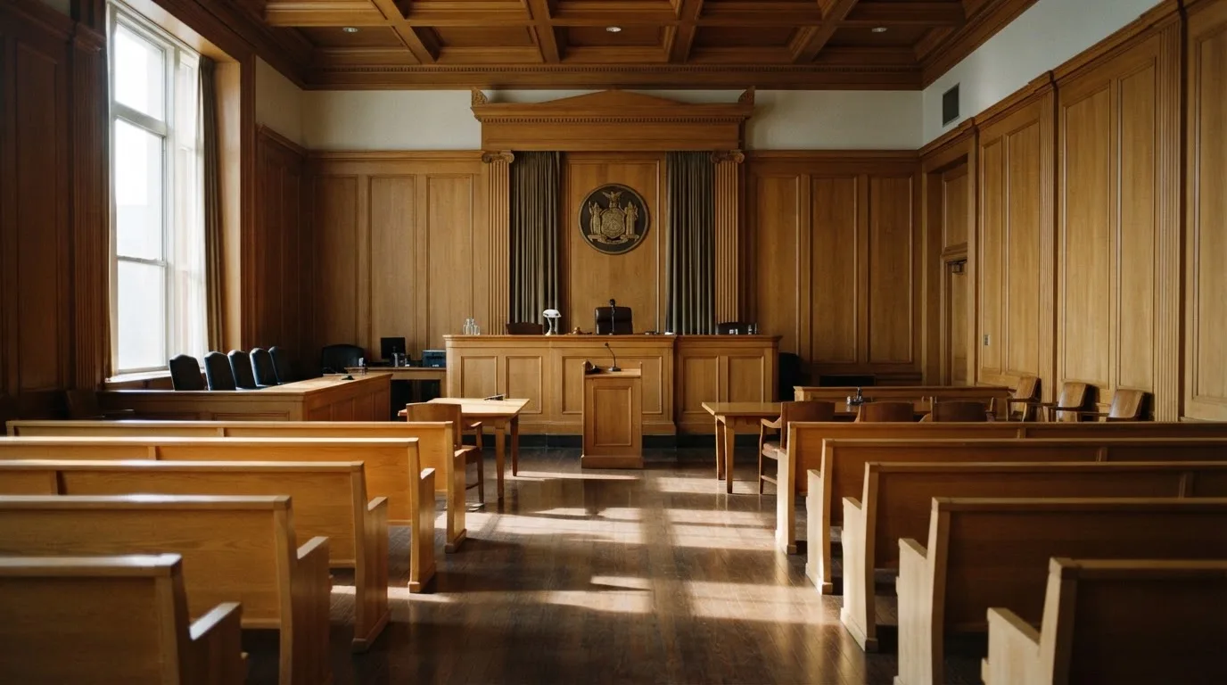 Sala de tribunal vazia com painéis de madeira, à luz da manhã — 1 euro casino em portugal