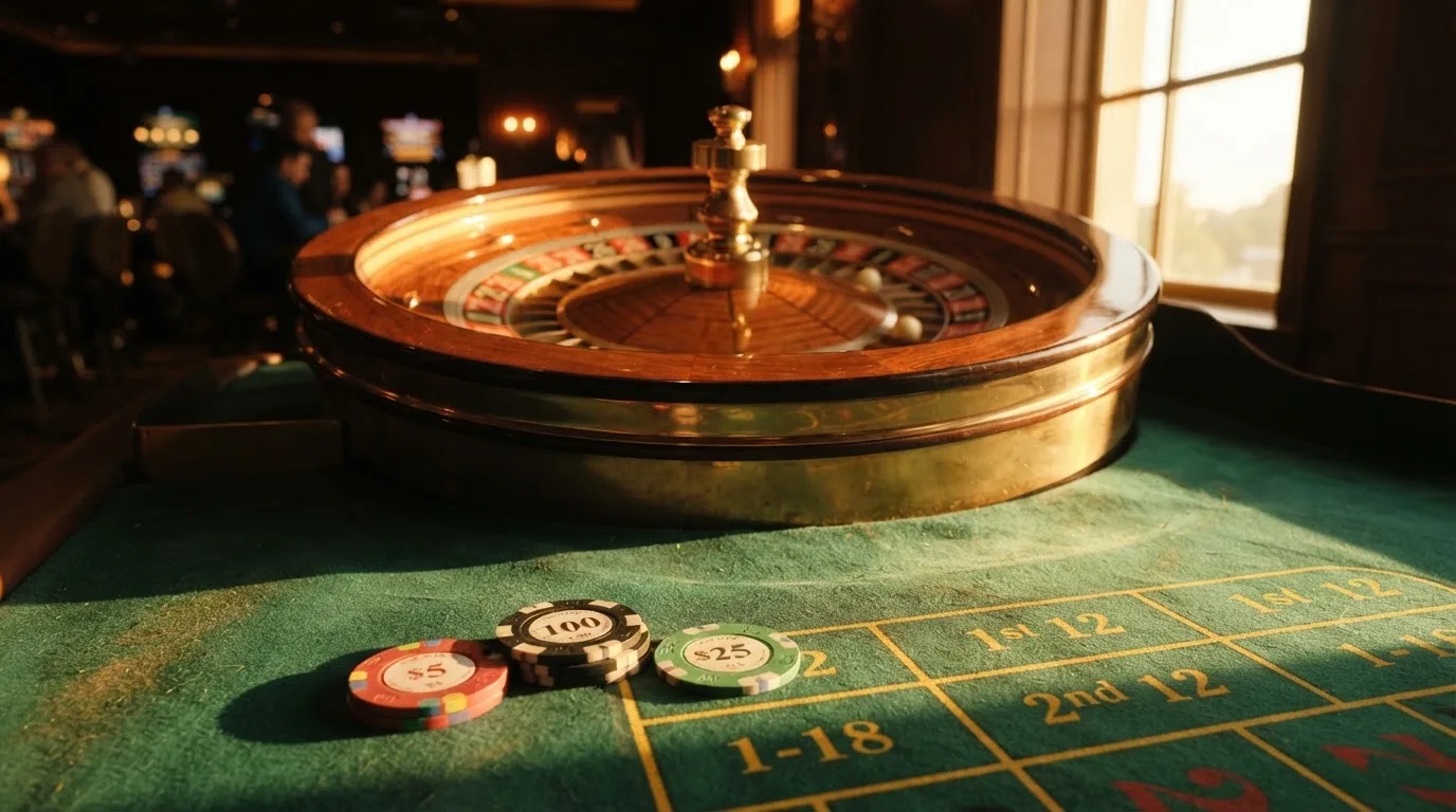 Roda de roleta e fichas sobre feltro verde, sob uma luz quente de fim de tarde — 1 euro casino em portugal