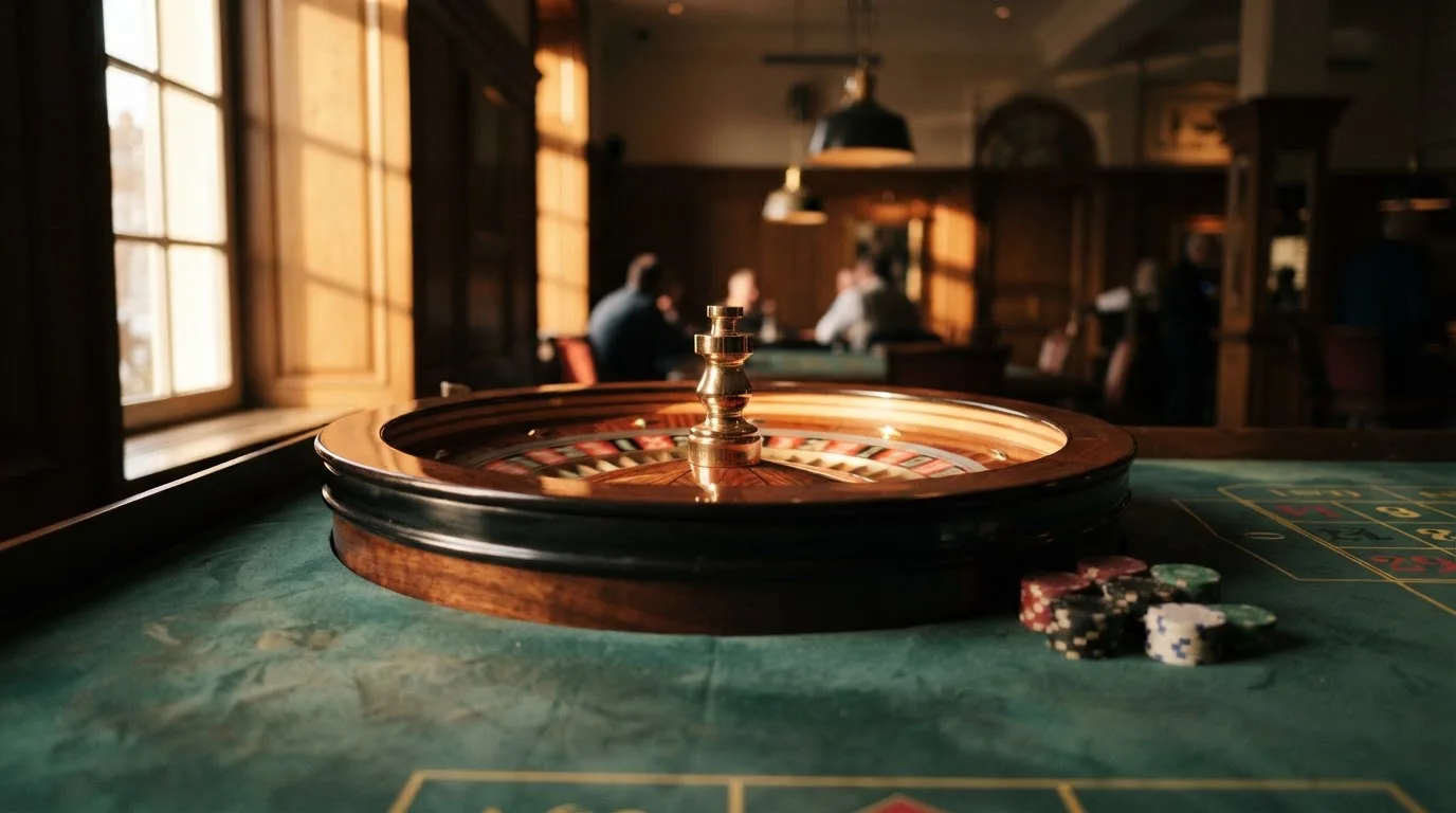 Roda de roleta e fichas sobre feltro verde, sob uma luz quente de fim de tarde — 10 euro casino em portugal