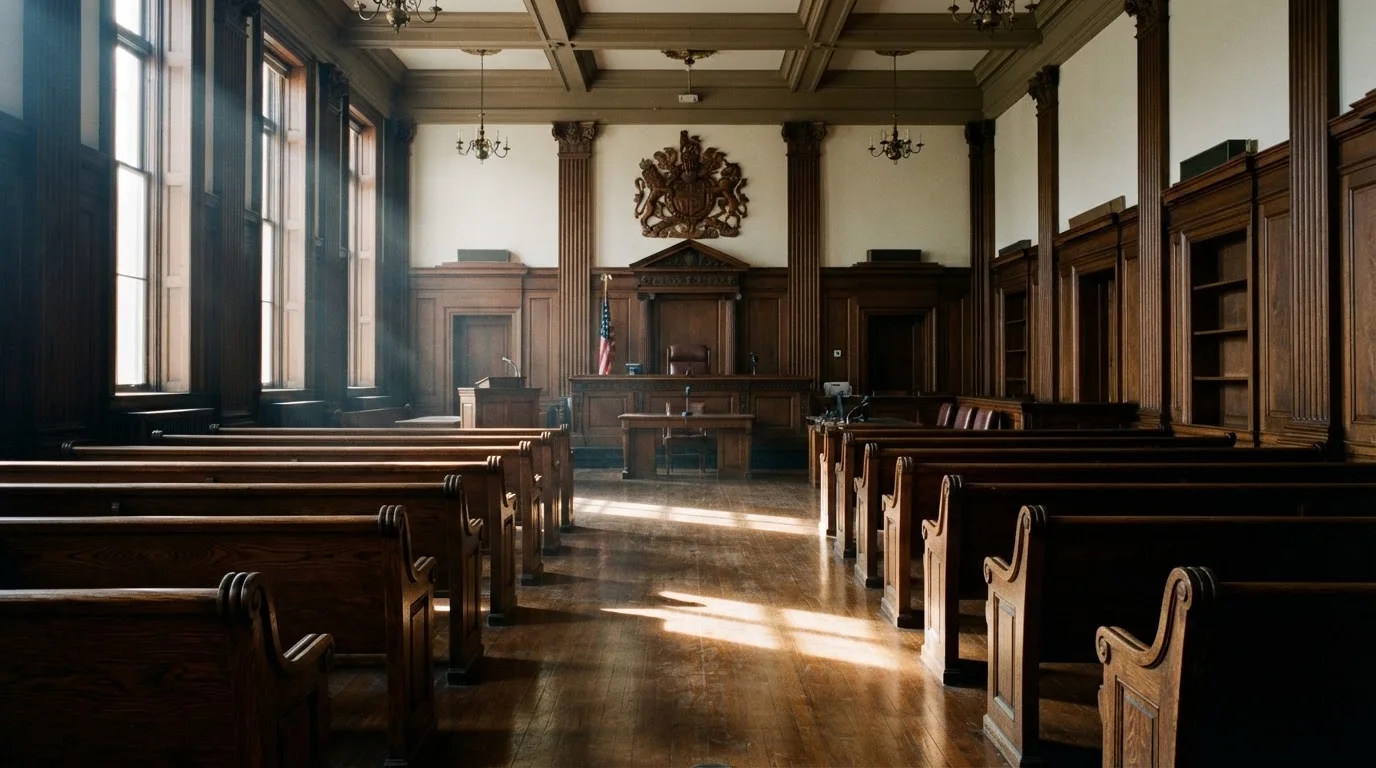 Sala de tribunal vazia com painéis de madeira, à luz da manhã — 20 euro casino em portugal