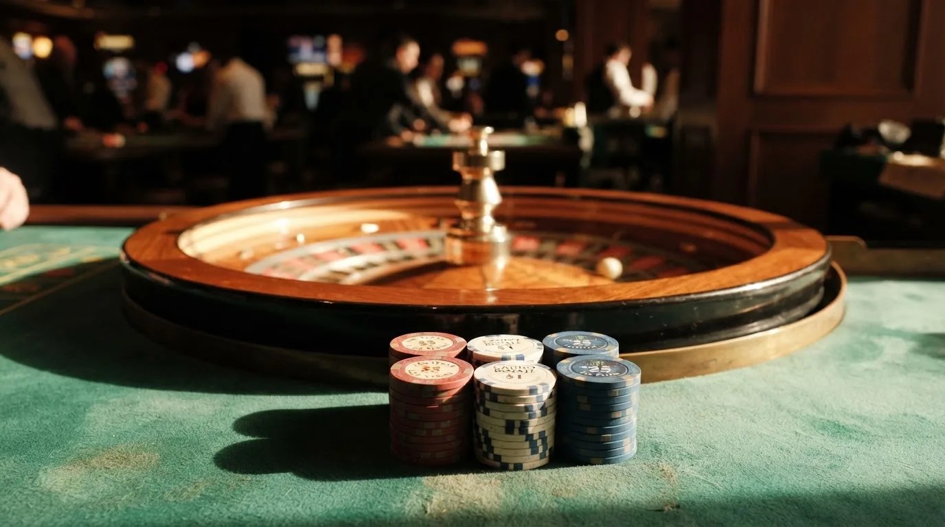 Roda de roleta e fichas sobre feltro verde, sob uma luz quente de fim de tarde — 20 euro casino em portugal
