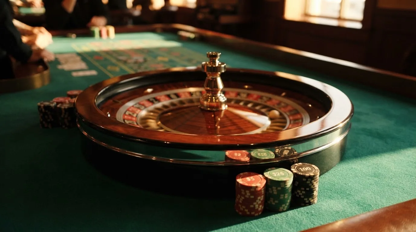 Roda de roleta e fichas sobre feltro verde, sob uma luz quente de fim de tarde — 5 euro casino em portugal