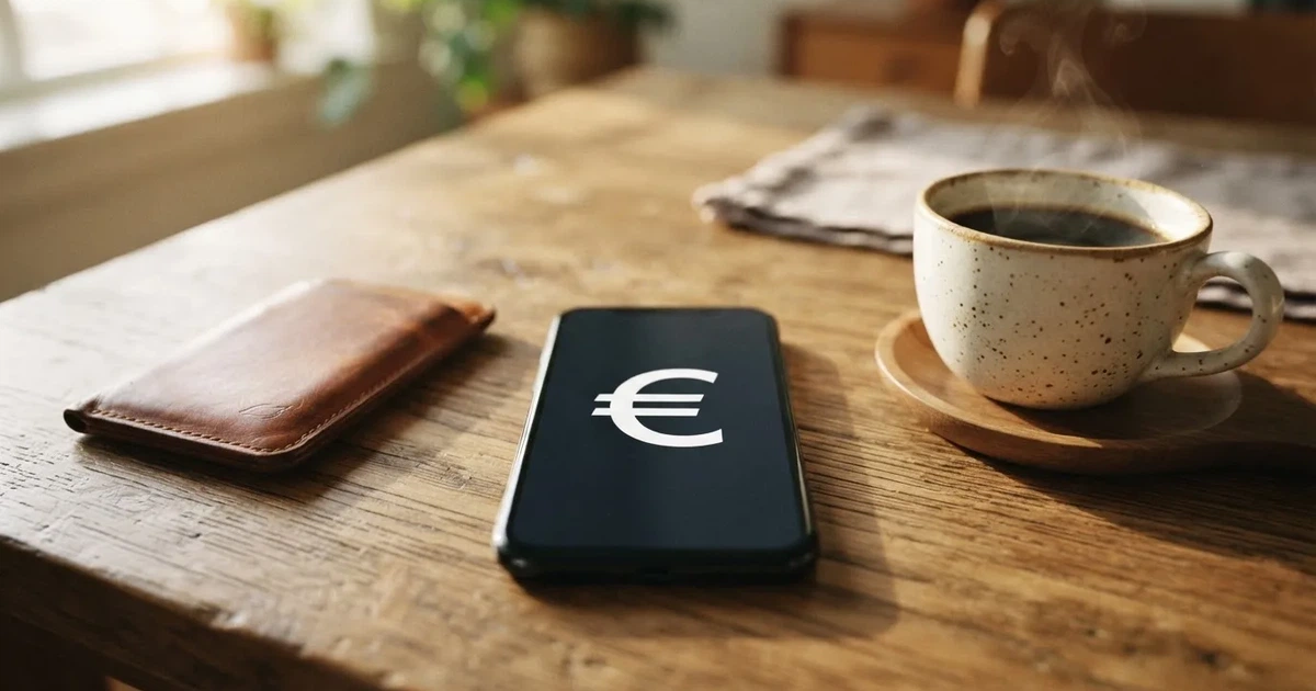Telemóvel numa mesa de madeira ao lado de uma carteira e de uma chávena de café — 5 euro casino em portugal