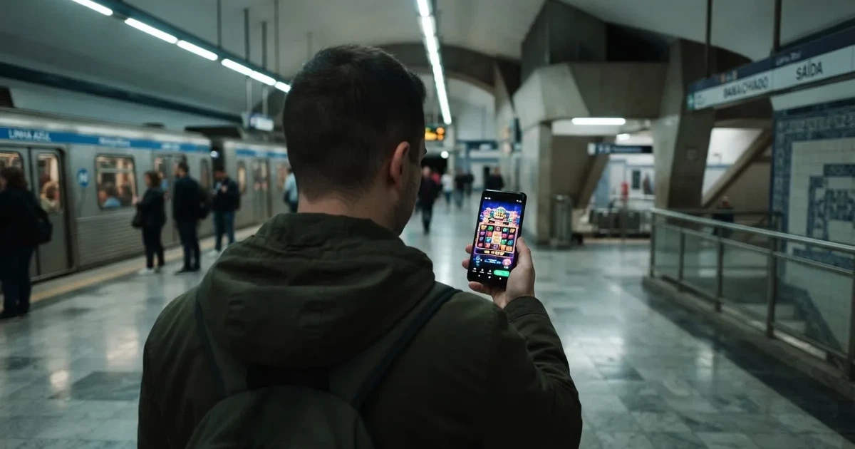 Pessoa de pé numa estação de metro a usar um telemóvel com a mão direita, com carruagem desfocada e luz fria ao fundo.