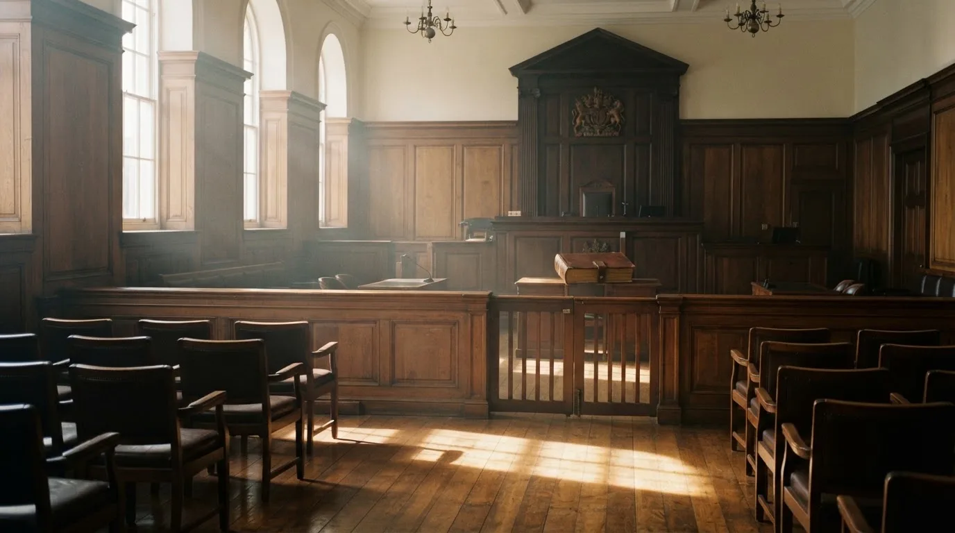Sala de tribunal vazia com painéis de madeira, à luz da manhã — blackjack ao vivo em portugal