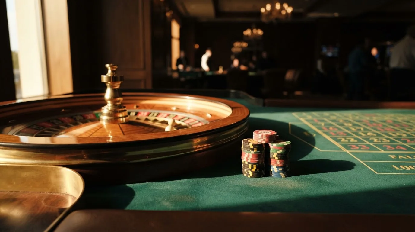 Roda de roleta e fichas sobre feltro verde, sob uma luz quente de fim de tarde — blackjack ao vivo em portugal