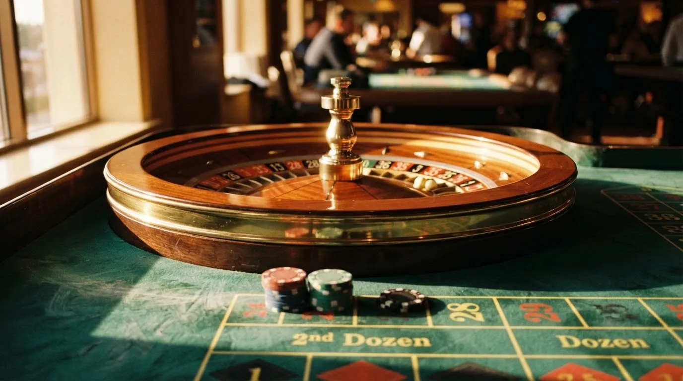 Roda de roleta e fichas sobre feltro verde, sob uma luz quente de fim de tarde — blackjack casinos em portugal
