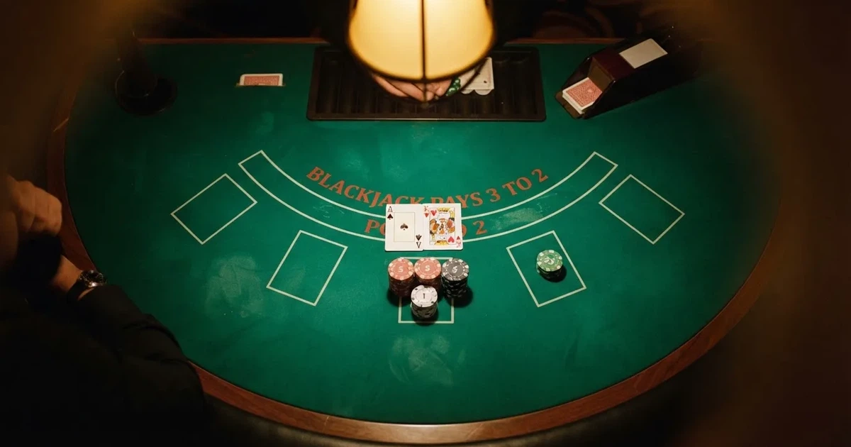 Mesa de jogo iluminada com cartas, vista de cima — blackjack casinos em portugal