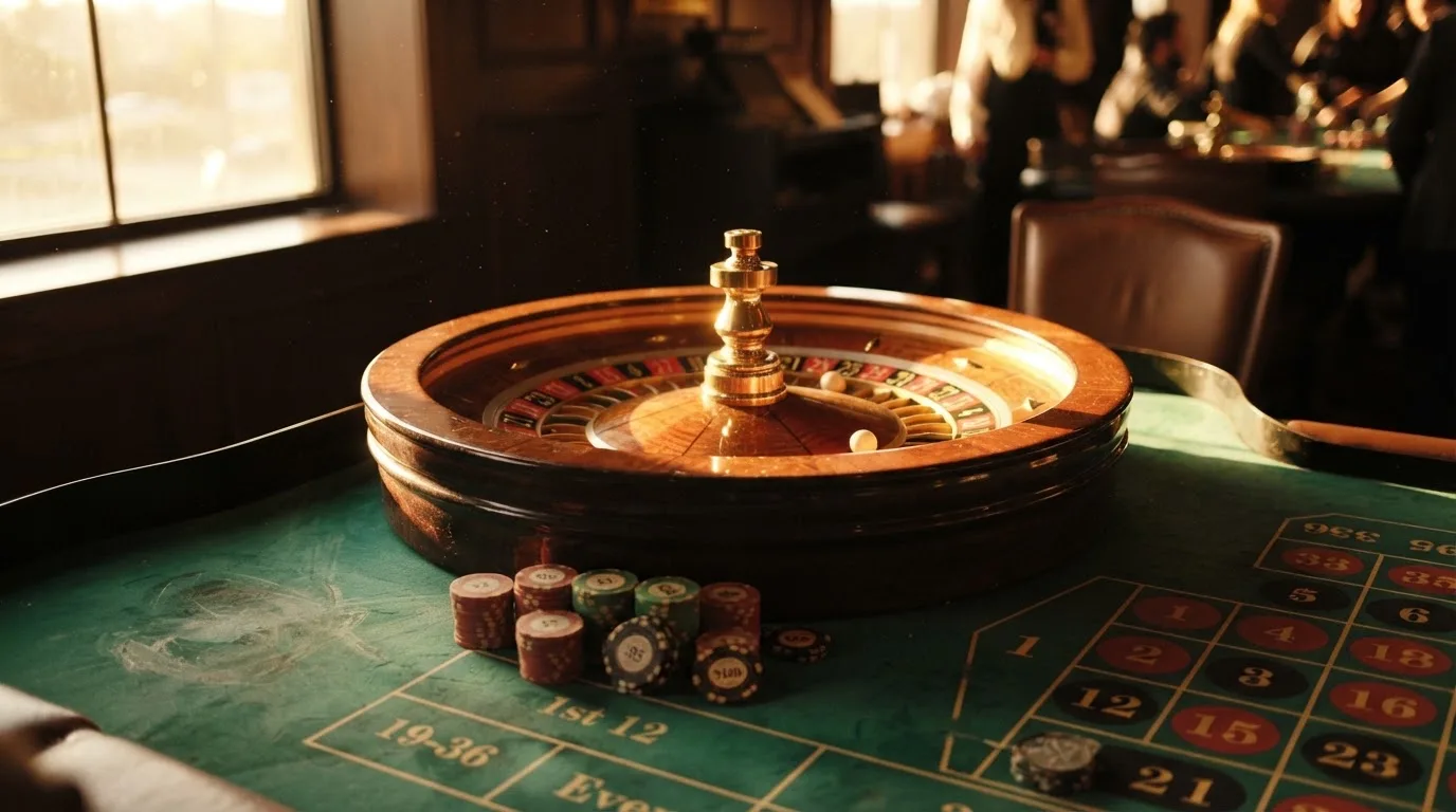 Roda de roleta e fichas sobre feltro verde, sob uma luz quente de fim de tarde — blackjack online casino em portugal