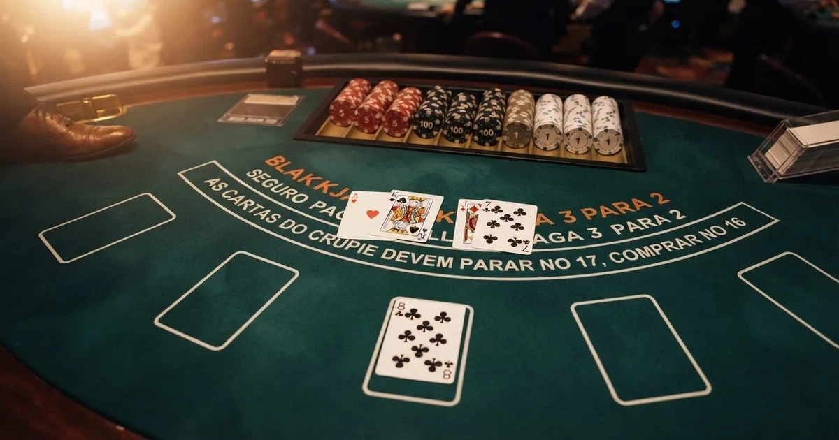 Mesa de jogo iluminada com cartas, vista de cima — blackjack online casino em portugal