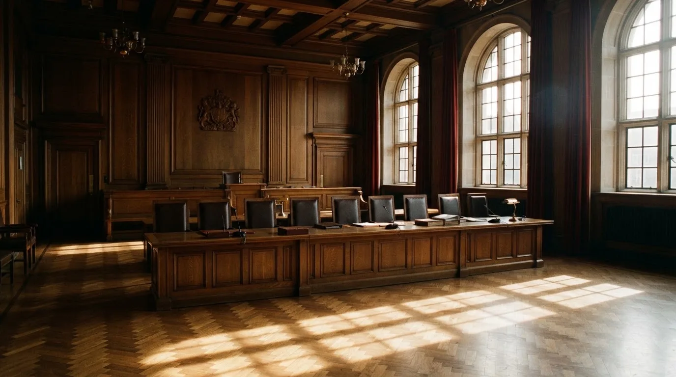 Sala de tribunal vazia com painéis de madeira, à luz da manhã — blackjack regras para portugueses