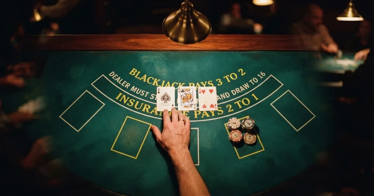 Mesa de jogo iluminada com cartas, vista de cima — blackjack regras para portugueses