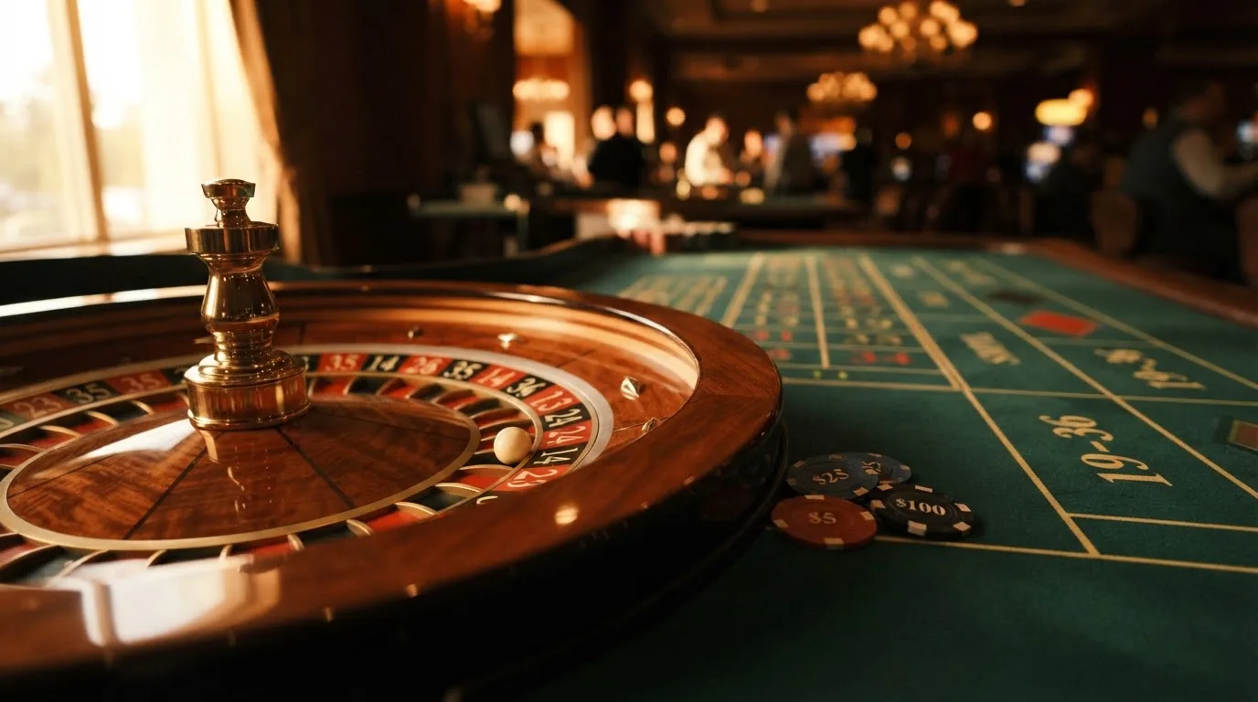 Roda de roleta e fichas sobre feltro verde, sob uma luz quente de fim de tarde — caça-níqueis em casinos portugueses