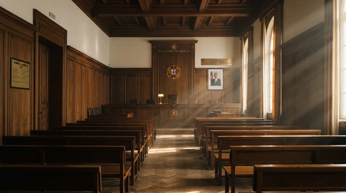 Sala de tribunal vazia com painéis de madeira, à luz da manhã — caça-níqueis grátis em portugal