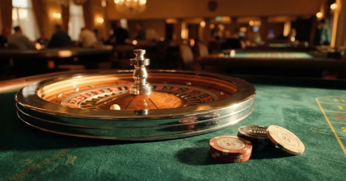 Roda de roleta e fichas sobre feltro verde, sob uma luz quente de fim de tarde — casino apostas em portugal