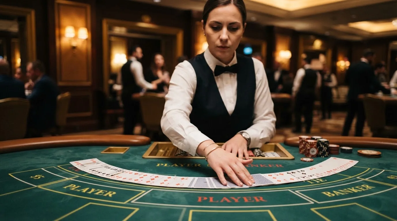 Croupier de gravata a baralhar cartas com destreza, vista lateral, fundo desfocado de um salão de casino em Portugal.