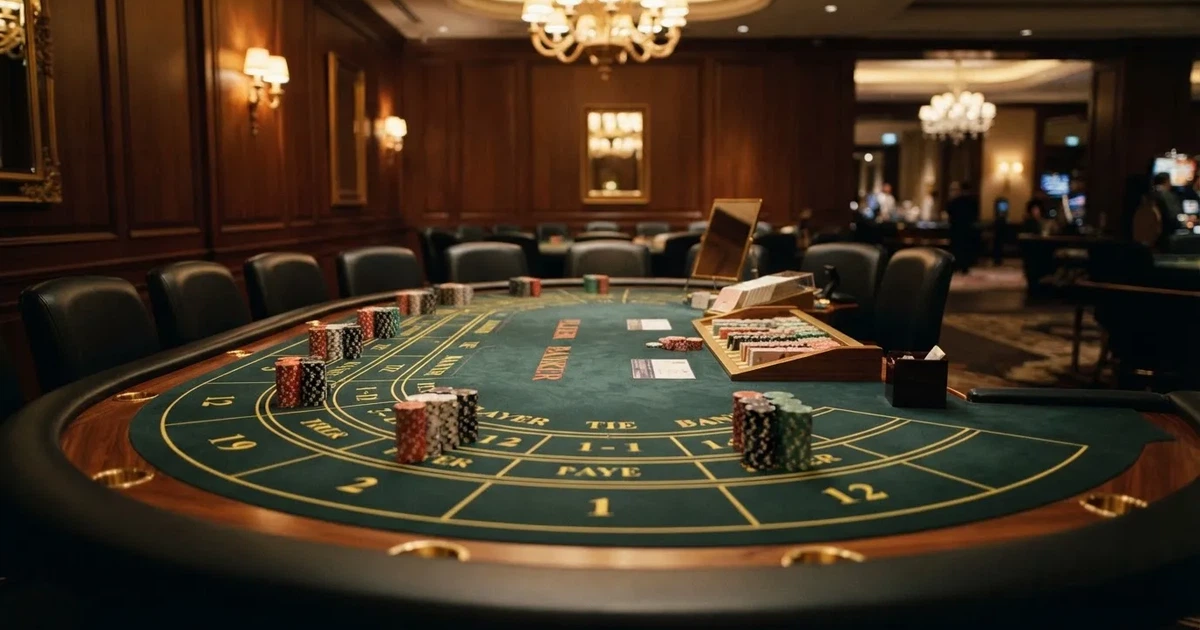 Mesa semicircular de bacará num casino elegante, com feltro verde e lugares vazios, iluminação dourada e fichas arrumadas por cores.