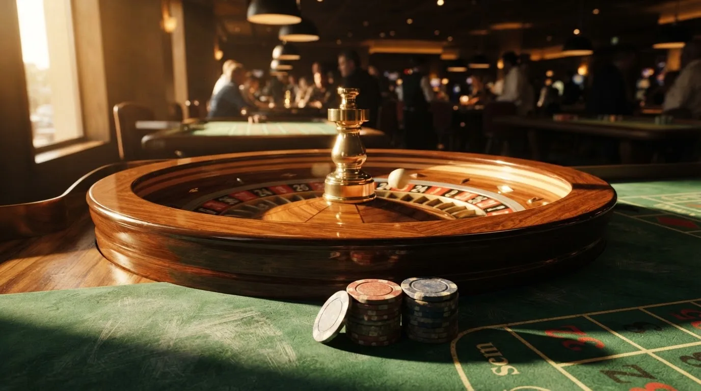 Roda de roleta e fichas sobre feltro verde, sob uma luz quente de fim de tarde — casino com bingo em portugal
