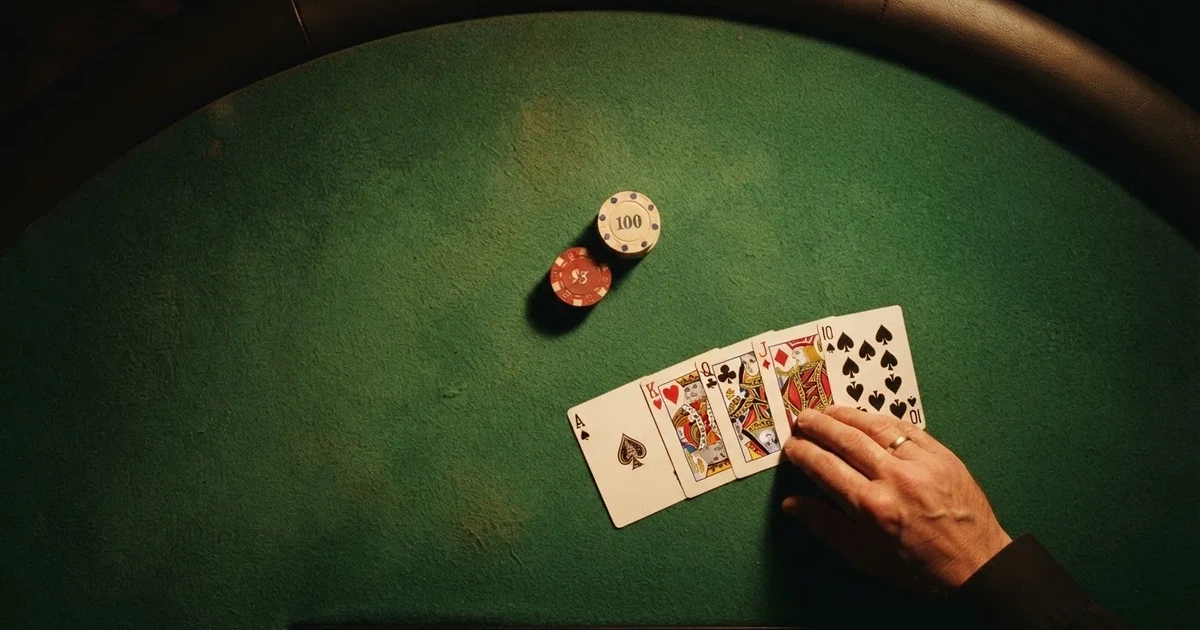 Mesa de jogo iluminada com cartas, vista de cima — casino com bingo em portugal