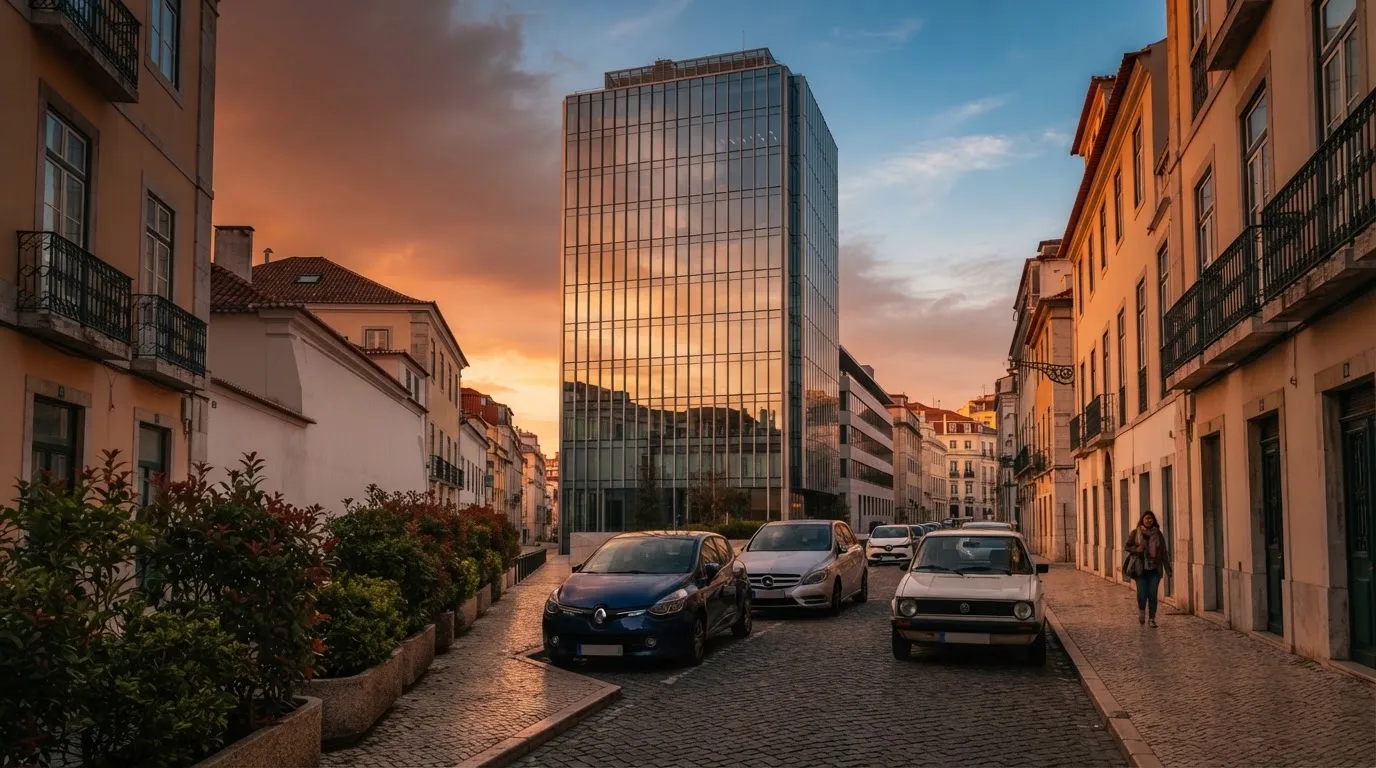 Edifício de escritórios com fachada de vidro ao entardecer, reflexo do céu cor-de-laranja e uma rua tranquila em primeiro plano.