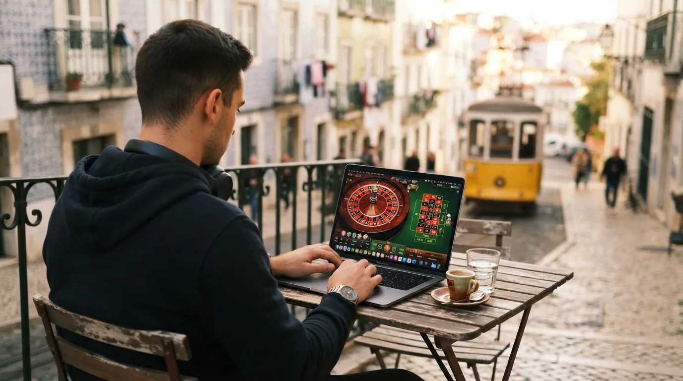 Jovem a trabalhar num café com portátil e auscultadores ao pescoço, esplanada de Lisboa ao fundo, luz suave.