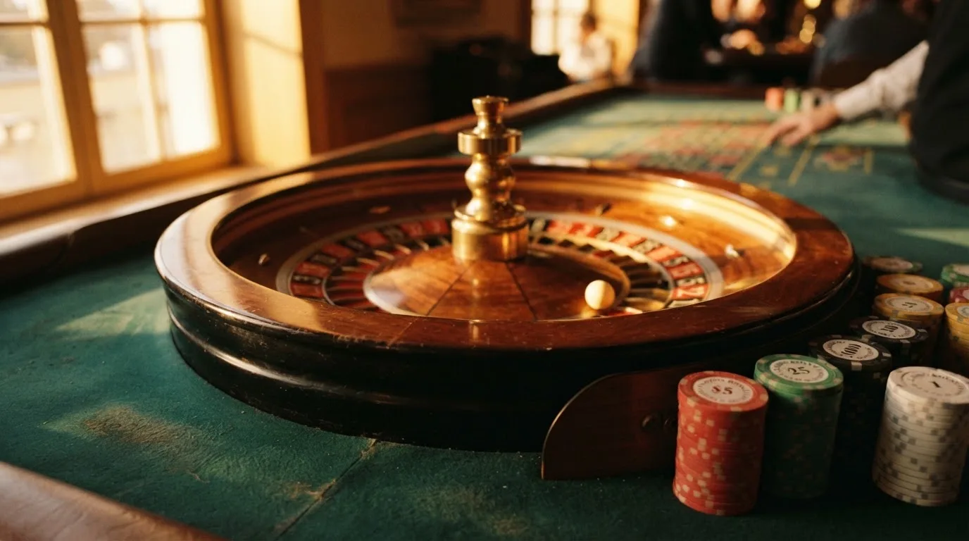 Roda de roleta e fichas sobre feltro verde, sob uma luz quente de fim de tarde — casino com bônus no cadastro pt