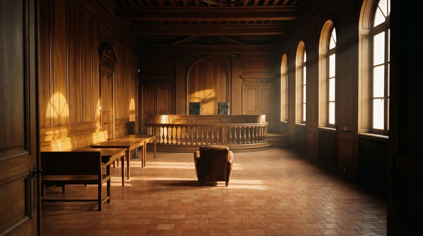 Sala de tribunal vazia com painéis de madeira, à luz da manhã — casino com dinheiro em portugal