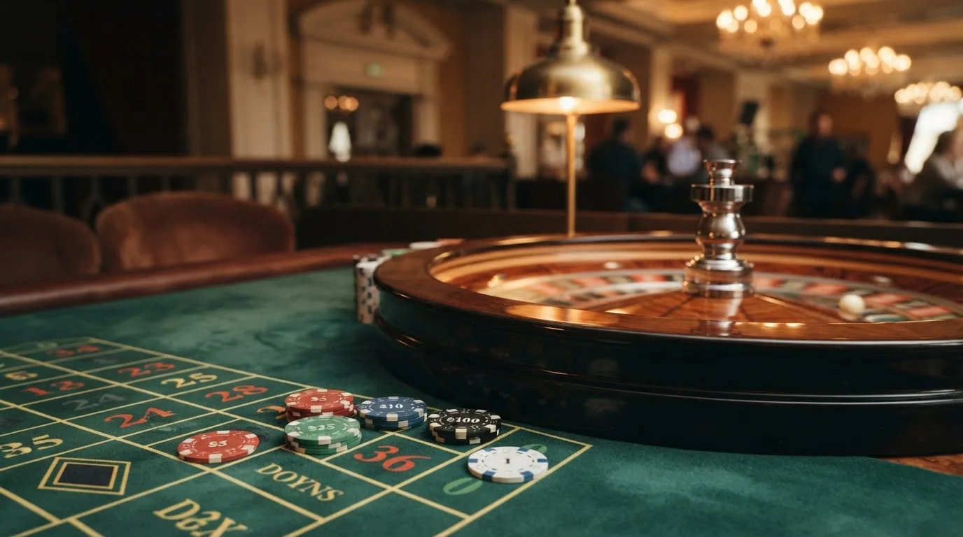 Roda de roleta e fichas sobre feltro verde, sob uma luz quente de fim de tarde — casino com dinheiro em portugal