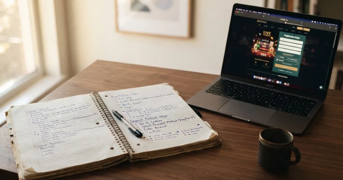 Caderno com um esboço passo a passo ao lado de um teclado — casino com dinheiro em portugal