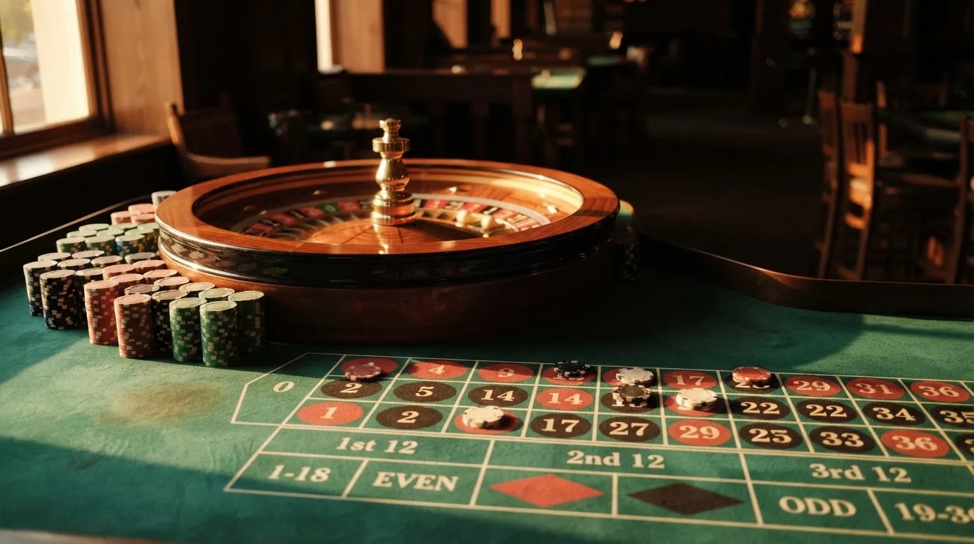 Roda de roleta e fichas sobre feltro verde, sob uma luz quente de fim de tarde — casino com ethereum em portugal