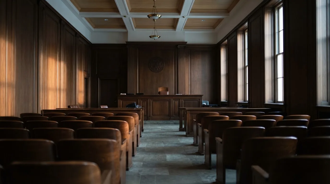 Sala de tribunal vazia com painéis de madeira, à luz da manhã — casino com free spins em portugal