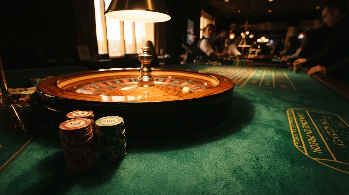 Roda de roleta e fichas sobre feltro verde, sob uma luz quente de fim de tarde — casino com free spins em portugal