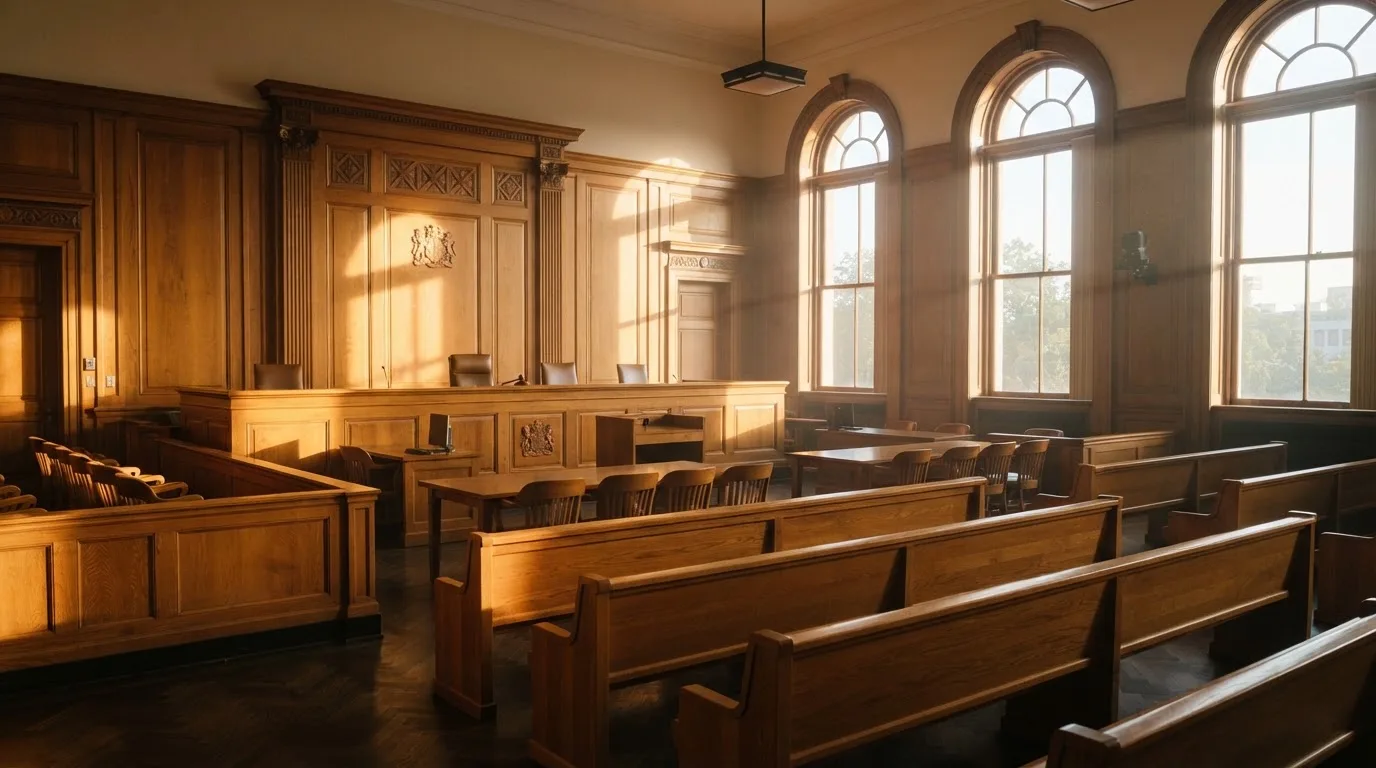 Sala de tribunal vazia com painéis de madeira, à luz da manhã — casino com grátis spins pt