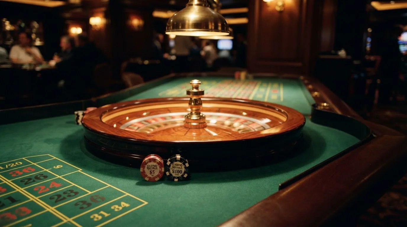 Roda de roleta e fichas sobre feltro verde, sob uma luz quente de fim de tarde — casino com grátis spins pt