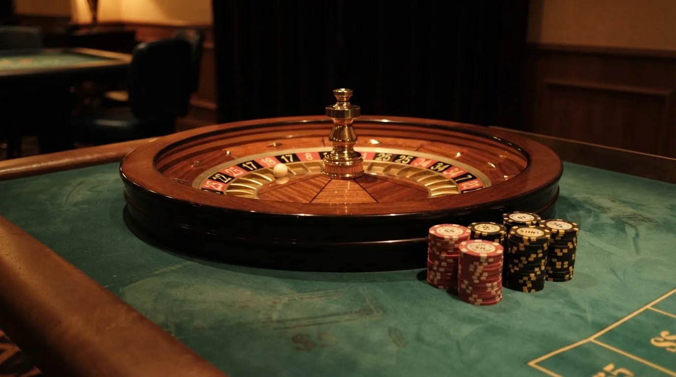 Roda de roleta e fichas sobre feltro verde, sob uma luz quente de fim de tarde — casino com levantamento pt