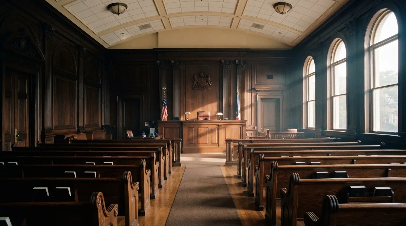 Sala de tribunal vazia com painéis de madeira, à luz da manhã — casino com litecoin em portugal