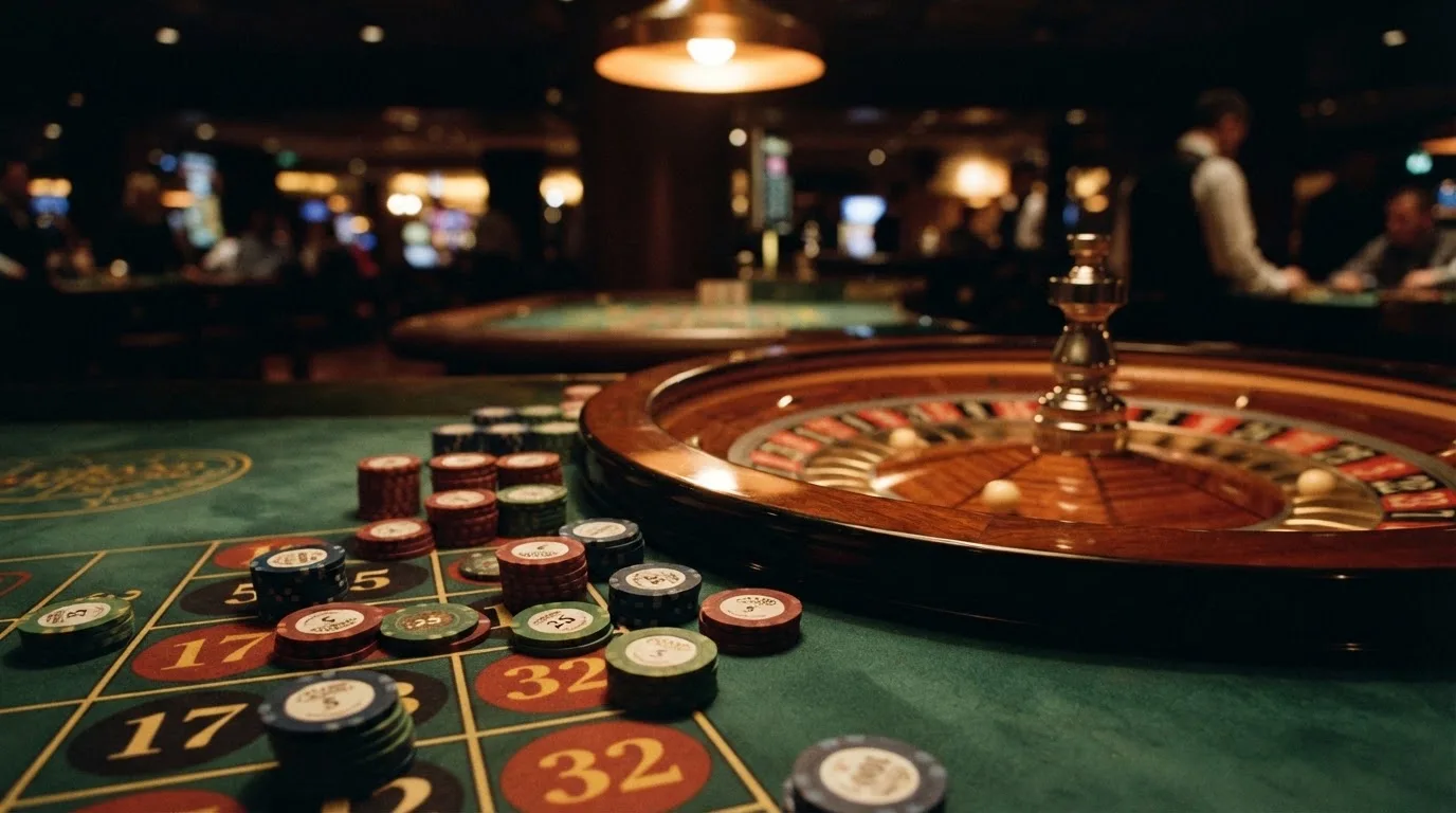 Roda de roleta e fichas sobre feltro verde, sob uma luz quente de fim de tarde — casino com litecoin em portugal
