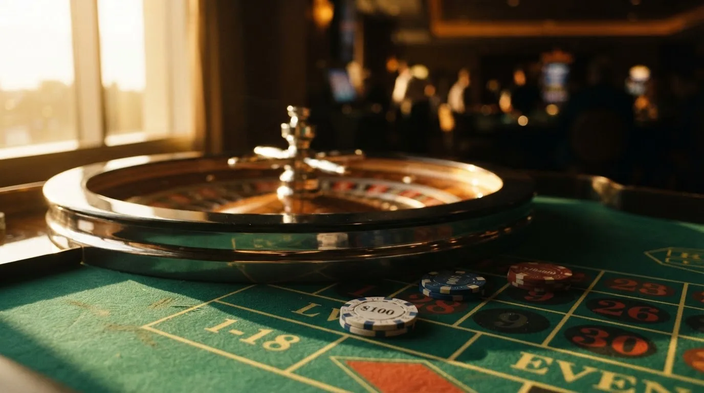 Roda de roleta e fichas sobre feltro verde, sob uma luz quente de fim de tarde — casino com solana em portugal