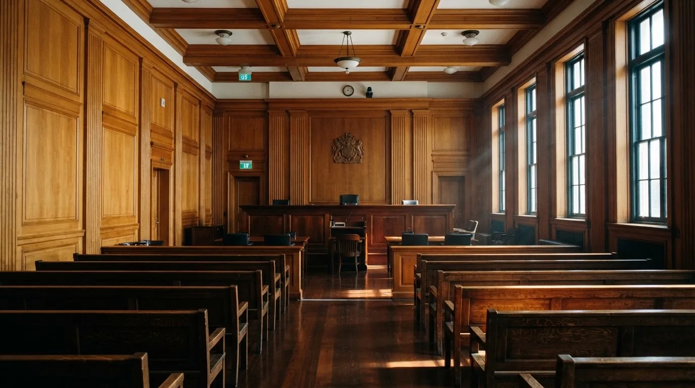 Sala de tribunal vazia com painéis de madeira, à luz da manhã — casino com tether em portugal