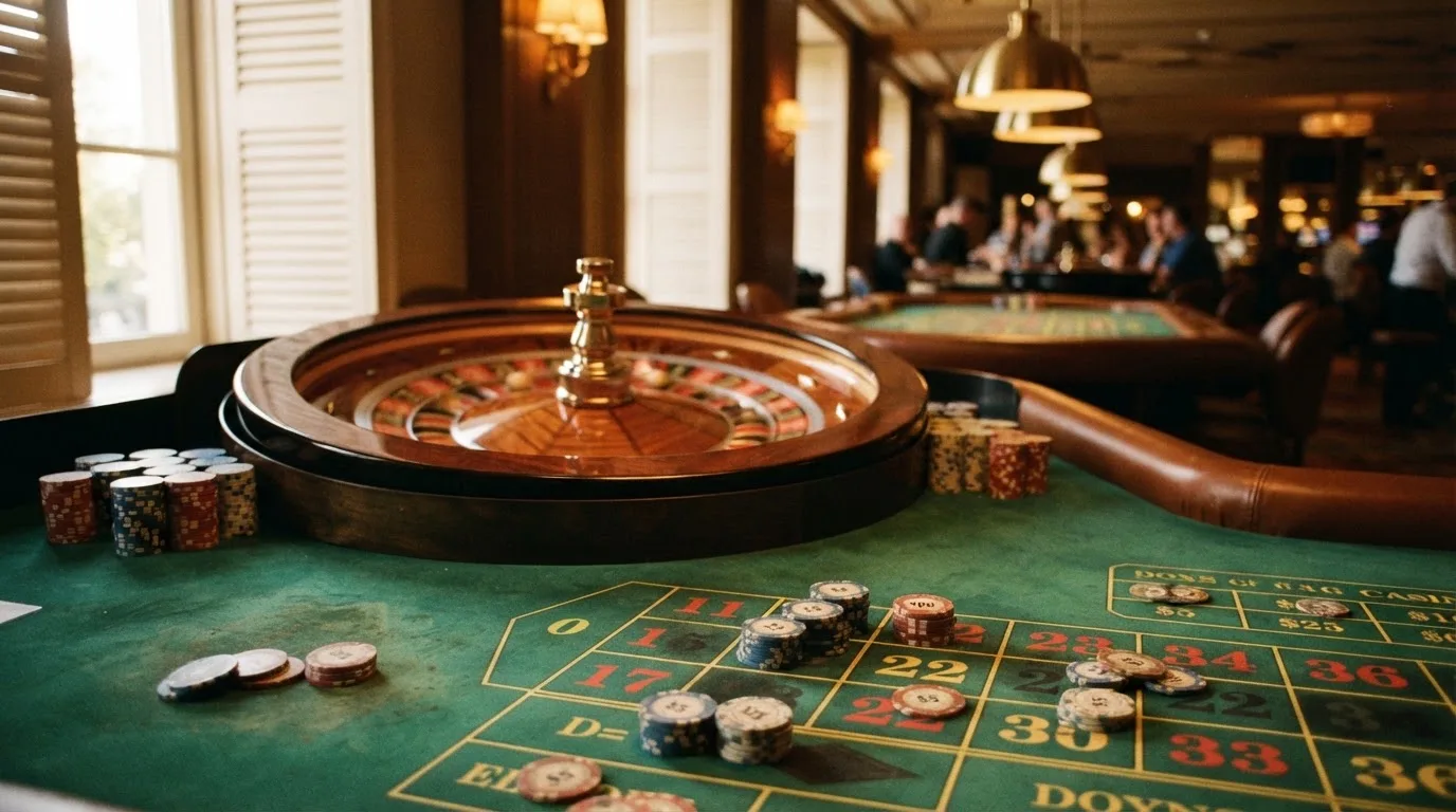 Roda de roleta e fichas sobre feltro verde, sob uma luz quente de fim de tarde — casino com tether em portugal