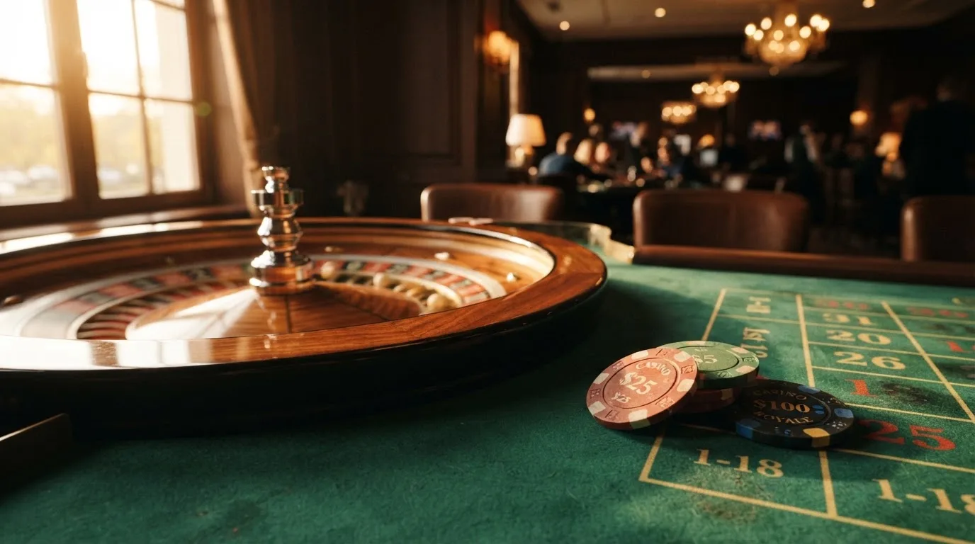 Roda de roleta e fichas sobre feltro verde, sob uma luz quente de fim de tarde — casino é confiável em portugal