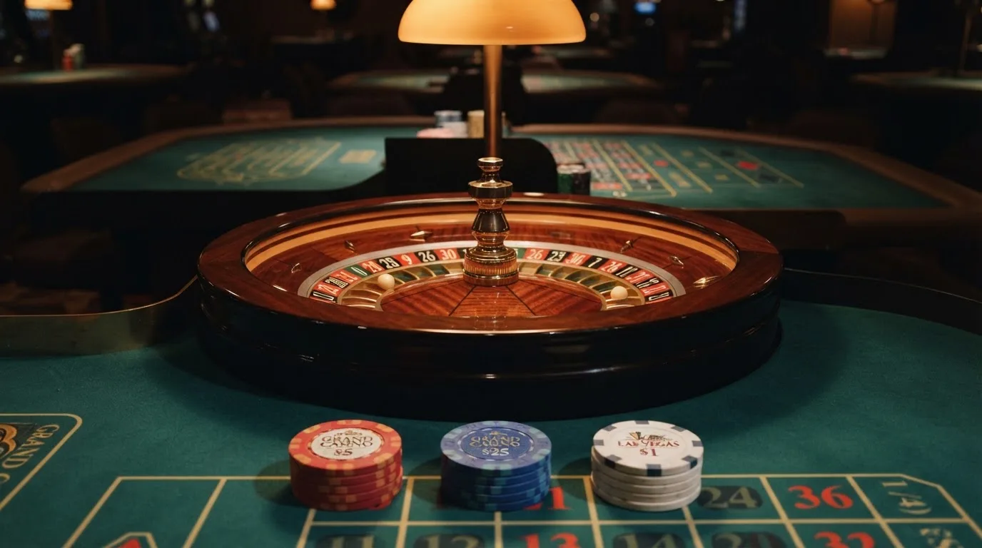 Roda de roleta e fichas sobre feltro verde, sob uma luz quente de fim de tarde — casino pagamentos em portugal