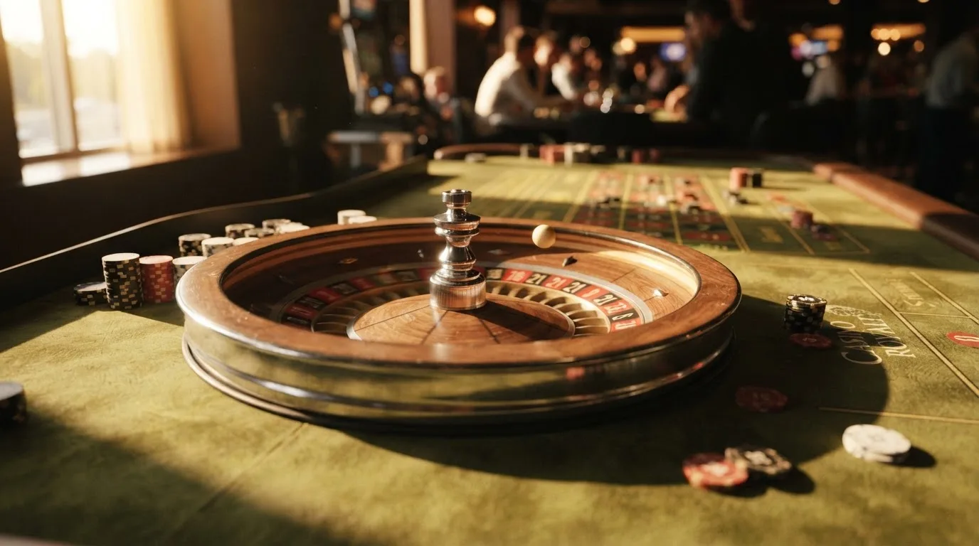 Roda de roleta e fichas sobre feltro verde, sob uma luz quente de fim de tarde — casino slots portugues