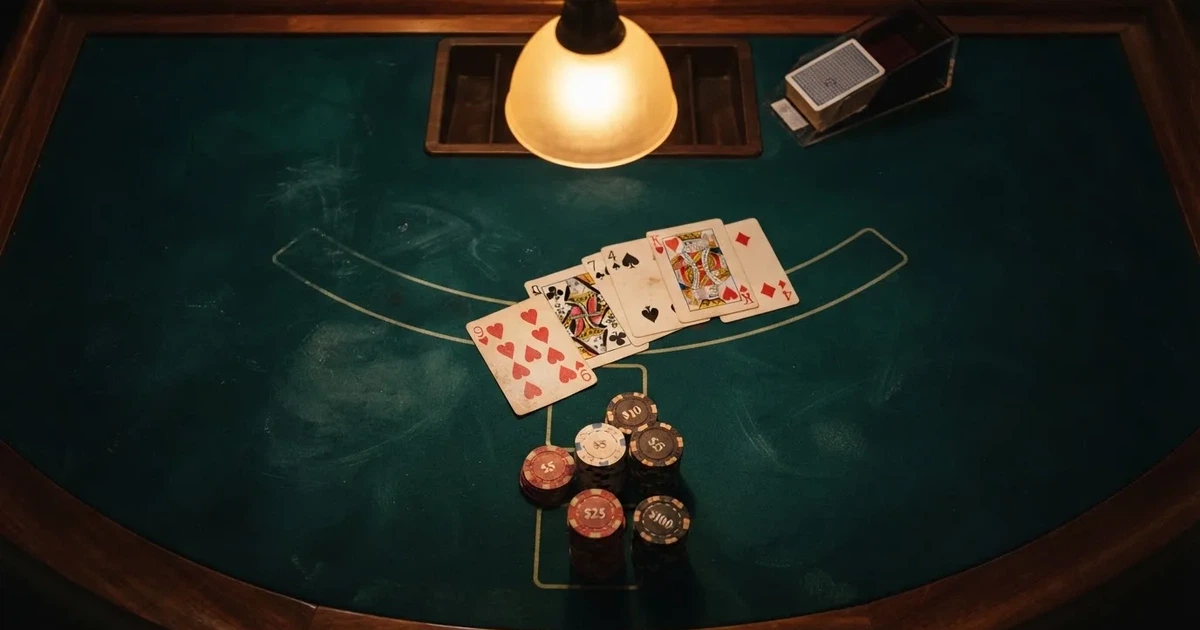 Mesa de jogo iluminada com cartas, vista de cima — casino slots portugues