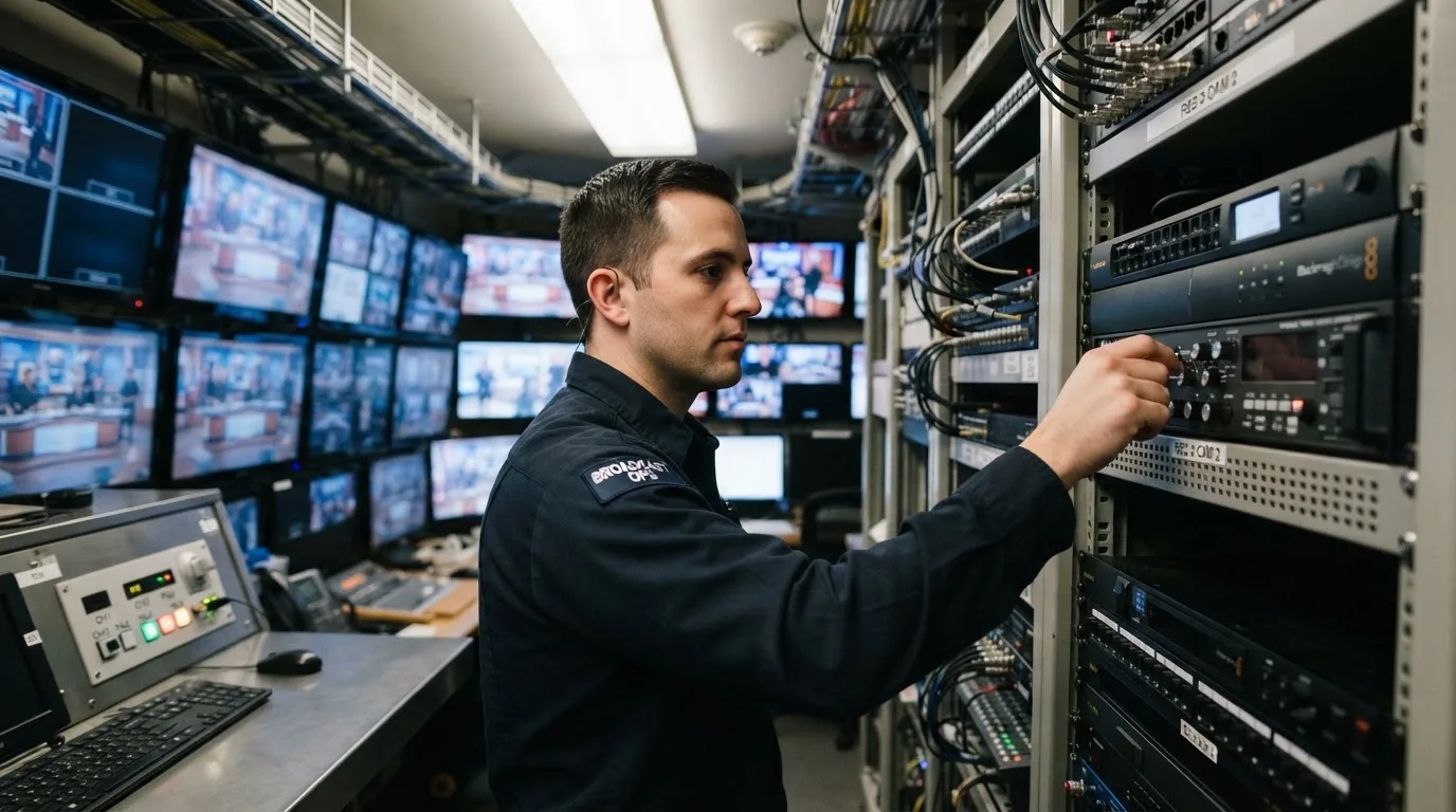 Técnico de uniforme escuro a verificar câmaras e equipamento numa sala de controlo de um estúdio de televisão, com vários monitores desfocados.