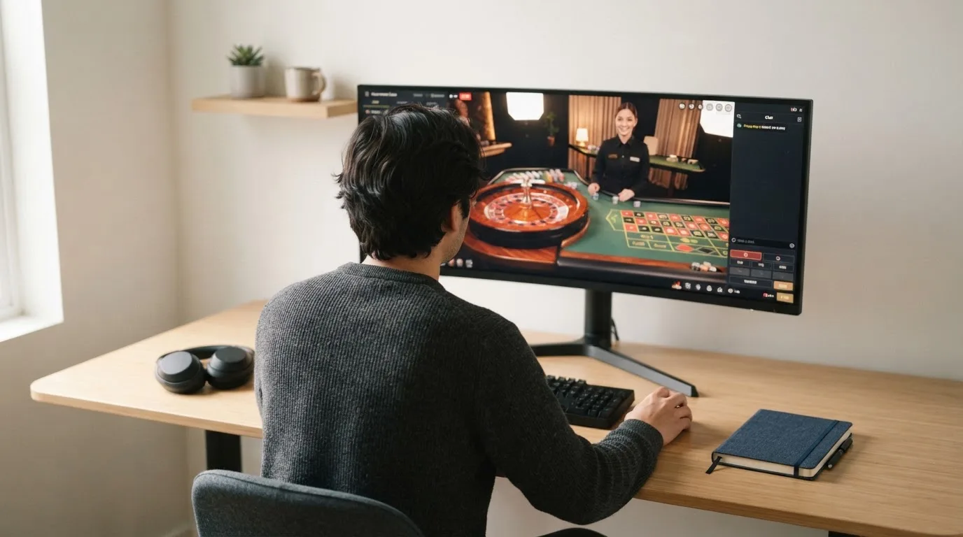 Pessoa sentada à secretária a ver um estúdio de casino em direto num monitor largo, com auscultadores e um caderno fechado ao lado.
