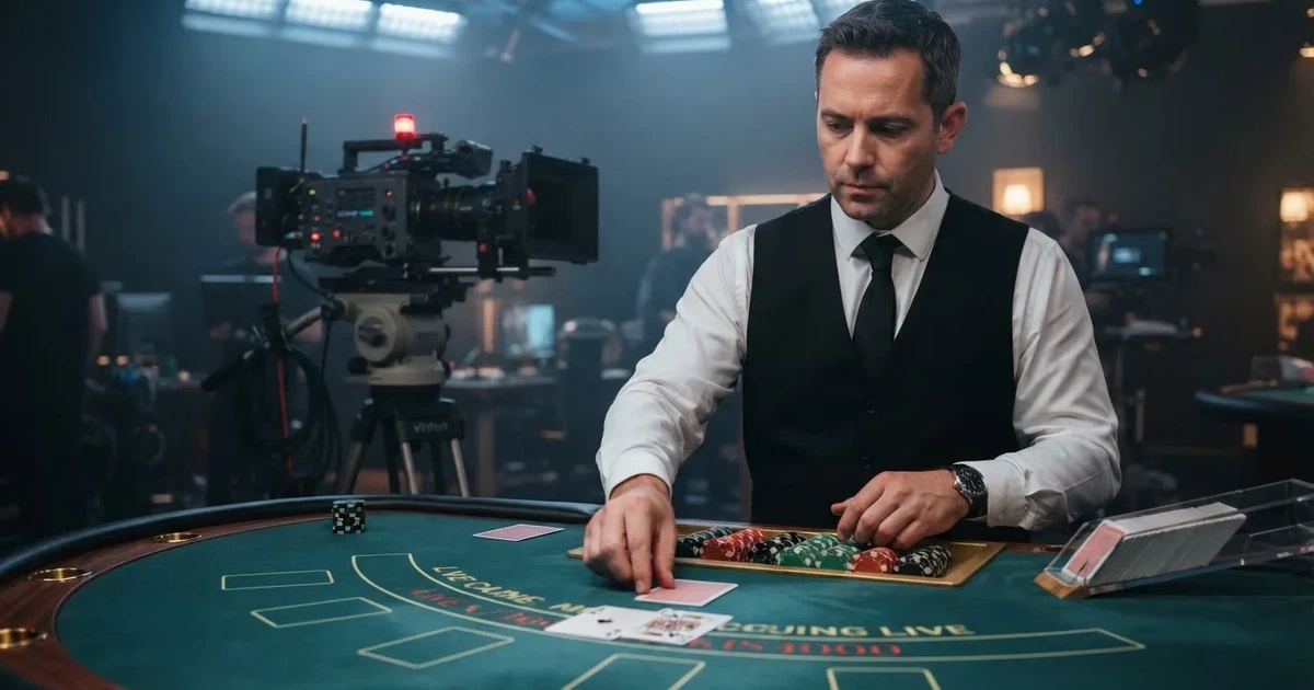 Croupier de colete a distribuir cartas numa mesa de blackjack de estúdio, com iluminação azulada e câmara de transmissão ao fundo.