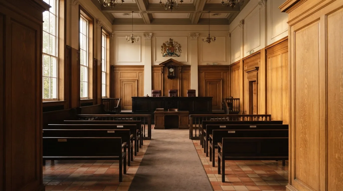 Sala de tribunal vazia com painéis de madeira, à luz da manhã — casinos com apple pay em portugal