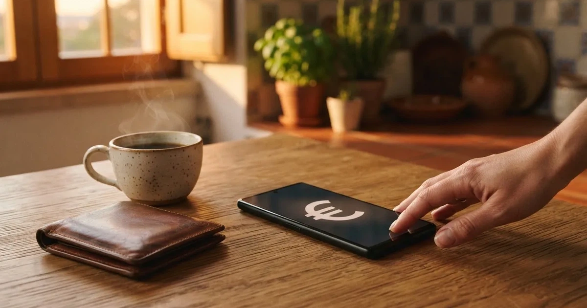 Telemóvel numa mesa de madeira ao lado de uma carteira e de uma chávena de café — casinos com apple pay em portugal