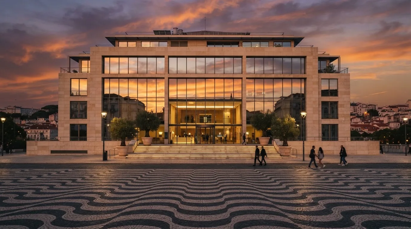 Fachada de um edifício administrativo moderno em Lisboa ao entardecer, com janelas amplas, calçada portuguesa e algumas pessoas a passar.